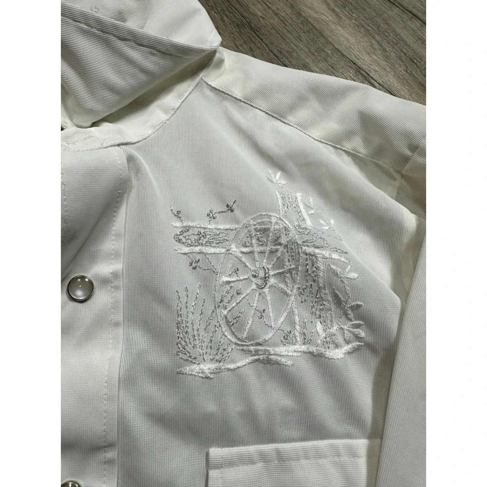 Vtg H BAR C Western Shirt Mens Wagon Wheel Pearl Snap Permanent Press‎ White